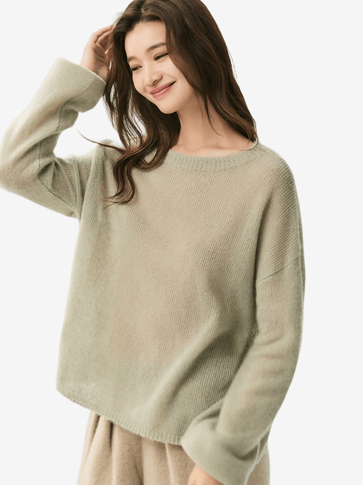 LANLY - Lightweight Knit Cashmere Sweater Silk Mongolian Sheer Boat Neck Drop Shoulder Pullover