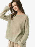 LANLY - Lightweight Knit Cashmere Sweater Silk Mongolian Sheer Boat Neck Drop Shoulder Pullover