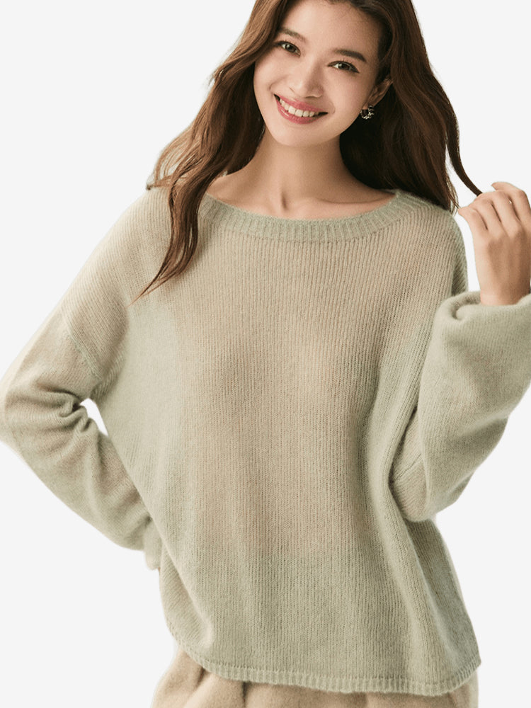 LANLY - Lightweight Knit Cashmere Sweater Silk Mongolian Sheer Boat Neck Drop Shoulder Pullover