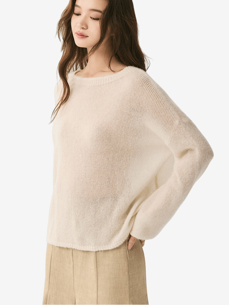 LANLY - Lightweight Knit Cashmere Sweater Silk Mongolian Sheer Boat Neck Drop Shoulder Pullover