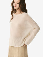 LANLY - Lightweight Knit Cashmere Sweater Silk Mongolian Sheer Boat Neck Drop Shoulder Pullover