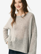 LANLY - Lightweight Knit Cashmere Sweater Silk Mongolian Sheer Boat Neck Drop Shoulder Pullover