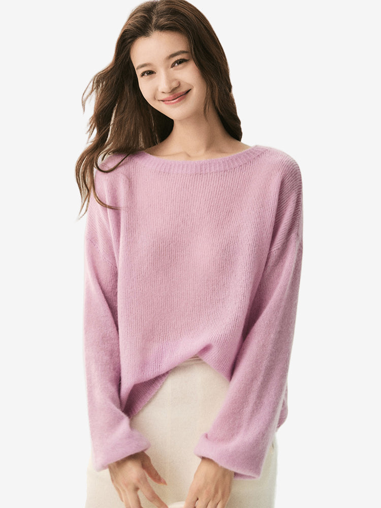 LANLY - Lightweight Knit Cashmere Sweater Silk Mongolian Sheer Boat Neck Drop Shoulder Pullover