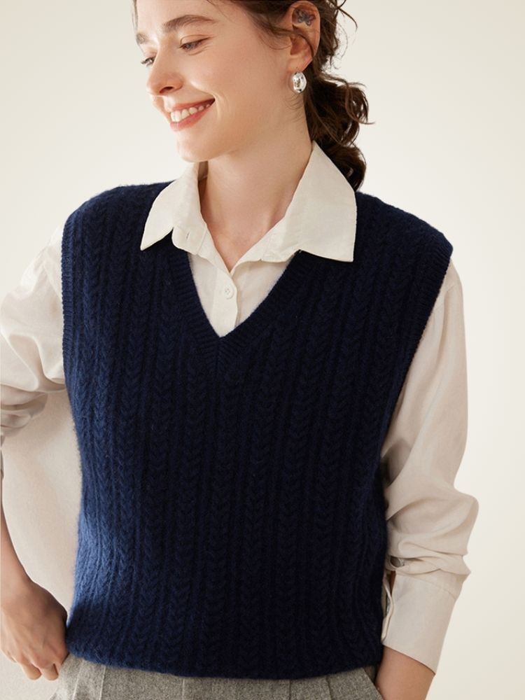 LanlyCashmere Women's Textured Cashmere Vest V Neck Knit
