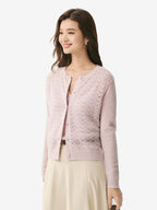 LANLY Silk Cashmere Cardigan: Lightweight Soft Breathable Silk Cashmere Blend Top with Crewneck Crochet Chevron Openwork Knit