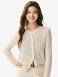 LANLY Silk Cashmere Cardigan: Lightweight Soft Breathable Silk Cashmere Blend Top with Crewneck Crochet Chevron Openwork Knit