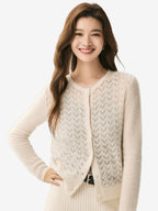 LANLY Silk Cashmere Cardigan: Lightweight Soft Breathable Silk Cashmere Blend Top with Crewneck Crochet Chevron Openwork Knit