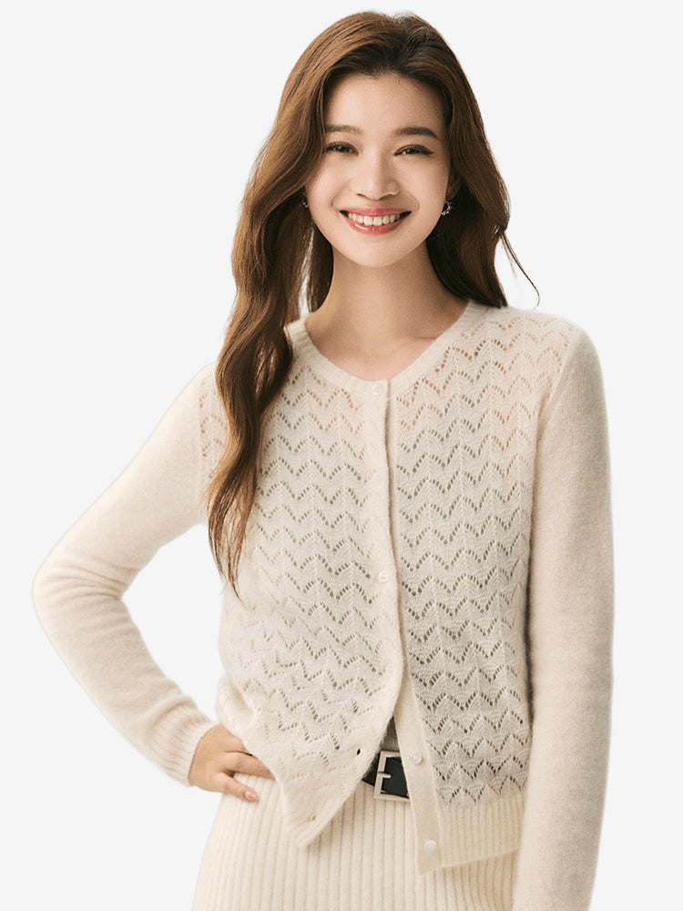 LANLY Silk Cashmere Cardigan: Lightweight Soft Breathable Silk Cashmere Blend Top with Crewneck Crochet Chevron Openwork Knit
