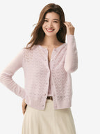 LANLY Silk Cashmere Cardigan: Lightweight Soft Breathable Silk Cashmere Blend Top with Crewneck Crochet Chevron Openwork Knit