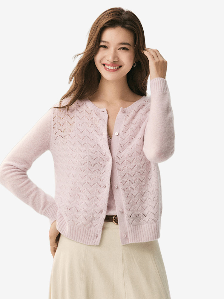 LANLY Silk Cashmere Cardigan: Lightweight Soft Breathable Silk Cashmere Blend Top with Crewneck Crochet Chevron Openwork Knit