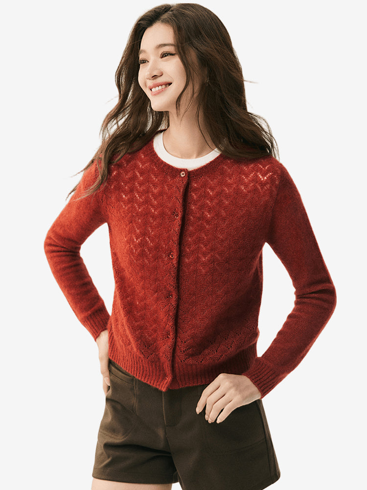 LANLY Silk Cashmere Cardigan: Lightweight Soft Breathable Silk Cashmere Blend Top with Crewneck Crochet Chevron Openwork Knit