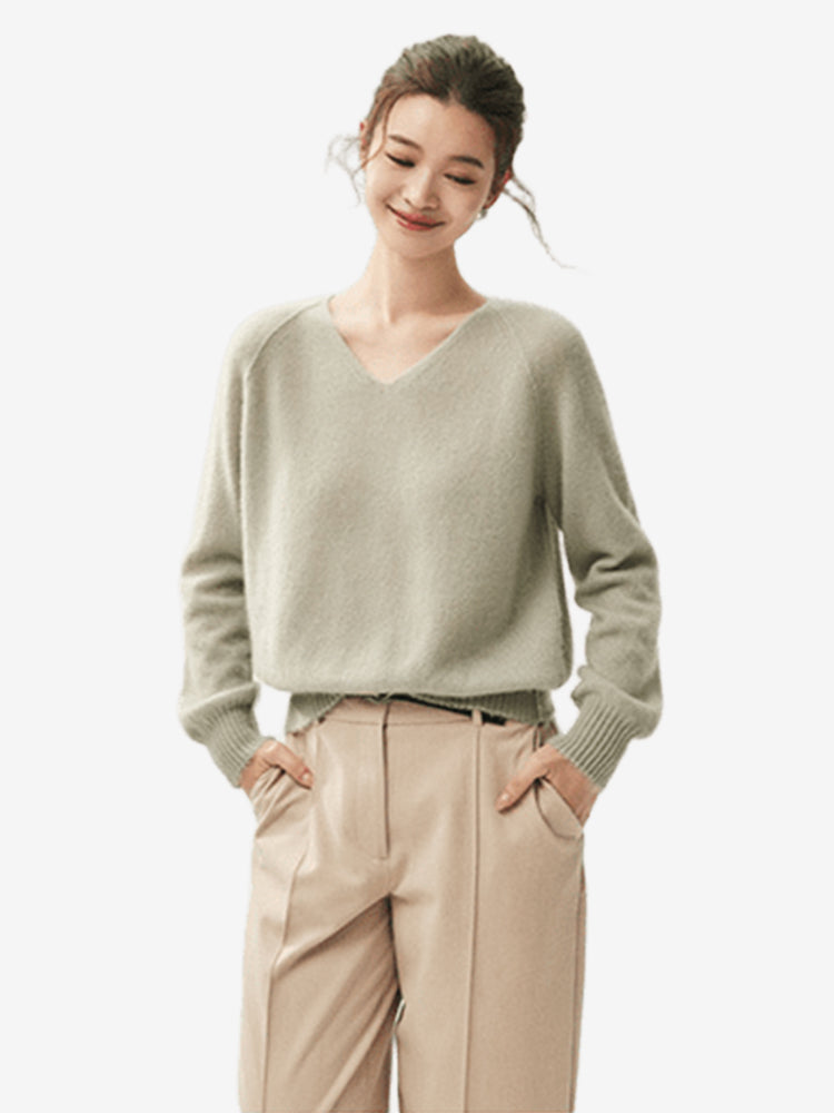 LANLY Quiet Luxury Inner Mongolia Pure Cashmere Sweater – Slouchy V-Neck Raglan Sleeve Knitwear for Wholesale & OEM