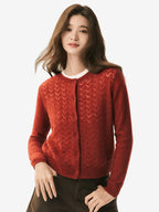 LANLY Silk Cashmere Cardigan: Lightweight Soft Breathable Silk Cashmere Blend Top with Crewneck Crochet Chevron Openwork Knit