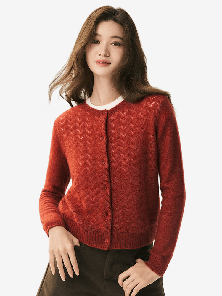 LANLY Silk Cashmere Cardigan: Lightweight Soft Breathable Silk Cashmere Blend Top with Crewneck Crochet Chevron Openwork Knit
