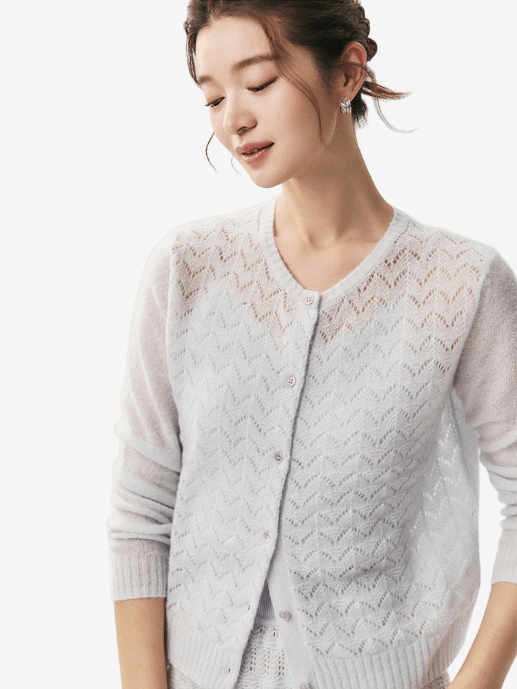LANLY Silk Cashmere Cardigan: Lightweight Soft Breathable Silk Cashmere Blend Top with Crewneck Crochet Chevron Openwork Knit