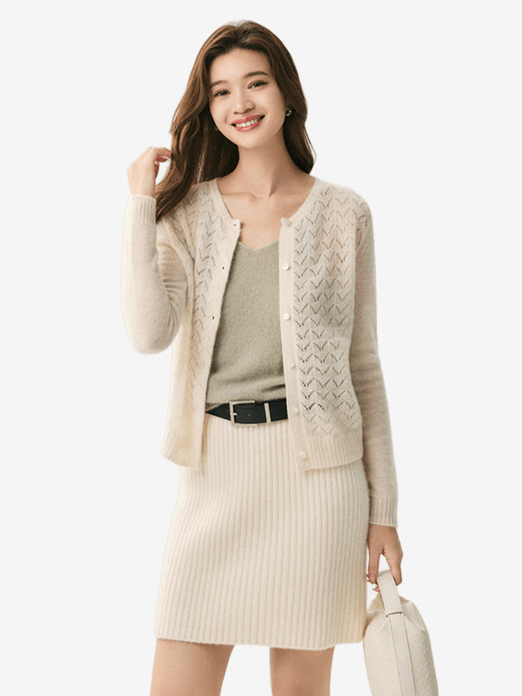 LANLY Silk Cashmere Cardigan: Lightweight Soft Breathable Silk Cashmere Blend Top with Crewneck Crochet Chevron Openwork Knit