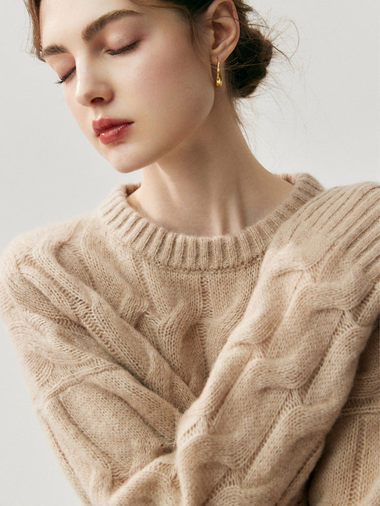 Lanly Cashmere Cable Sweater - Silk Blend Mongolia Crewneck Pullover
