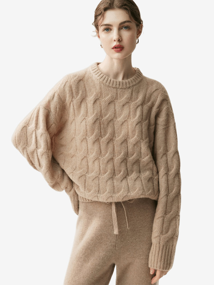 Lanly Cashmere Cable Sweater - Silk Blend Mongolia Crewneck Pullover