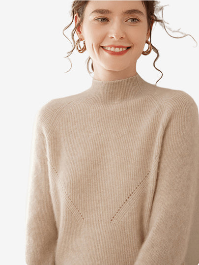 LANLY - Women's Mock Neck Cashmere Sweater Mongolian Cashmere Ribbed Pullover