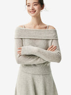 LANLY - Off the Shoulder Cashmere Sweater Silk Mongolian Foldover Collar Pullover