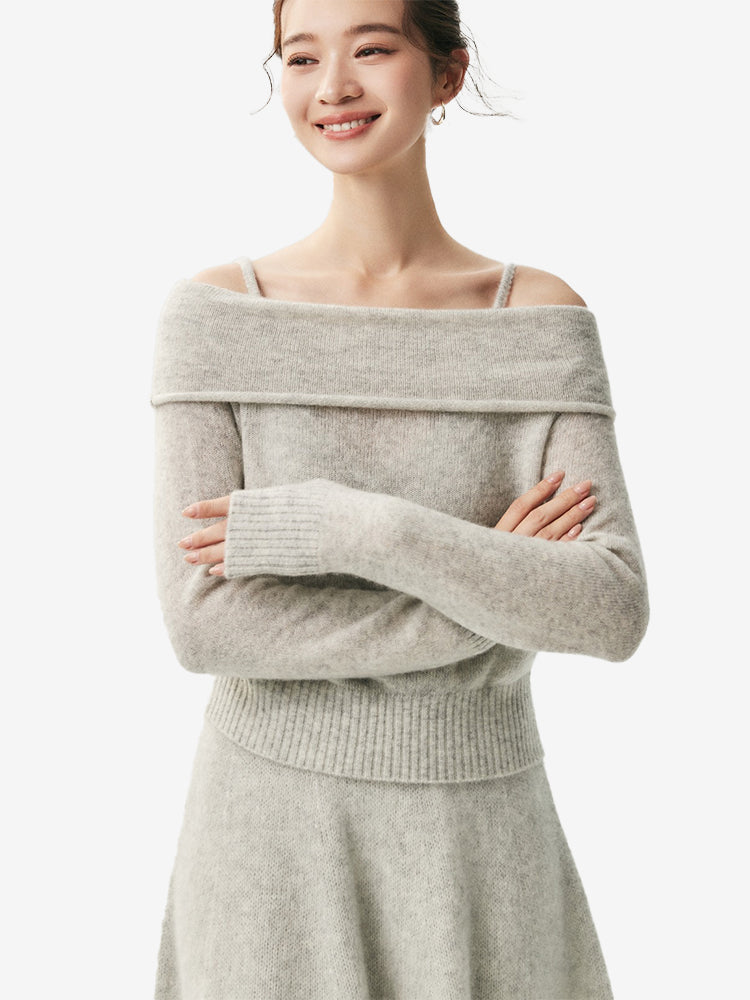 LANLY - Off the Shoulder Cashmere Sweater Silk Mongolian Foldover Collar Pullover