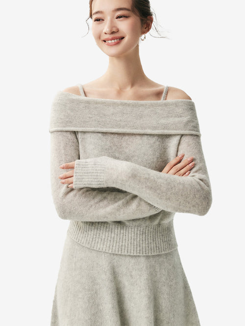 LANLY - Off the Shoulder Cashmere Sweater Silk Mongolian Foldover Collar Pullover