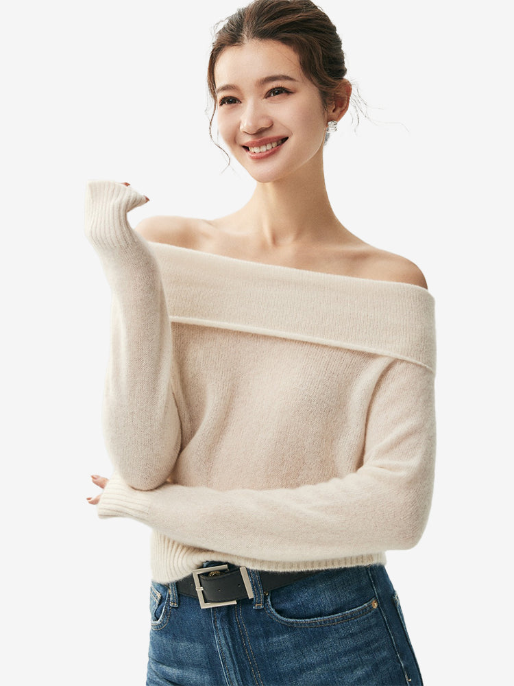 LANLY - Off the Shoulder Cashmere Sweater Silk Mongolian Foldover Collar Pullover
