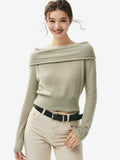 LANLY - Off the Shoulder Cashmere Sweater Silk Mongolian Foldover Collar Pullover