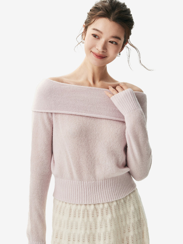 LANLY - Off the Shoulder Cashmere Sweater Silk Mongolian Foldover Collar Pullover