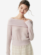 LANLY - Off the Shoulder Cashmere Sweater Silk Mongolian Foldover Collar Pullover