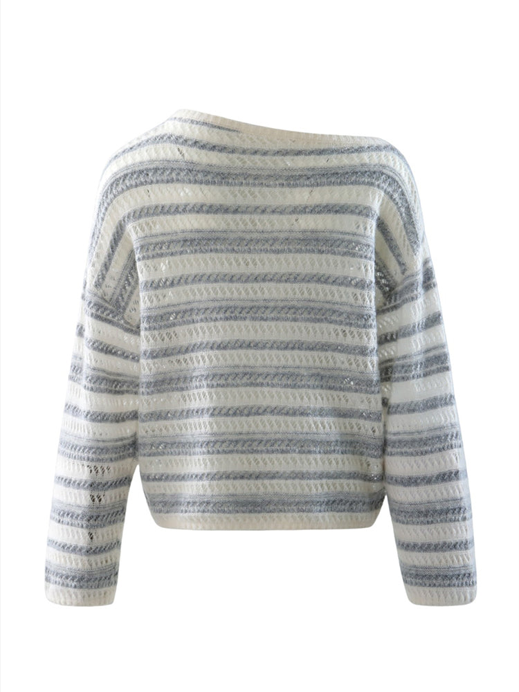 LANLY - Pointelle Knit Cashmere Sweater Mongolian Openwork Striped Boat Neck Pullover