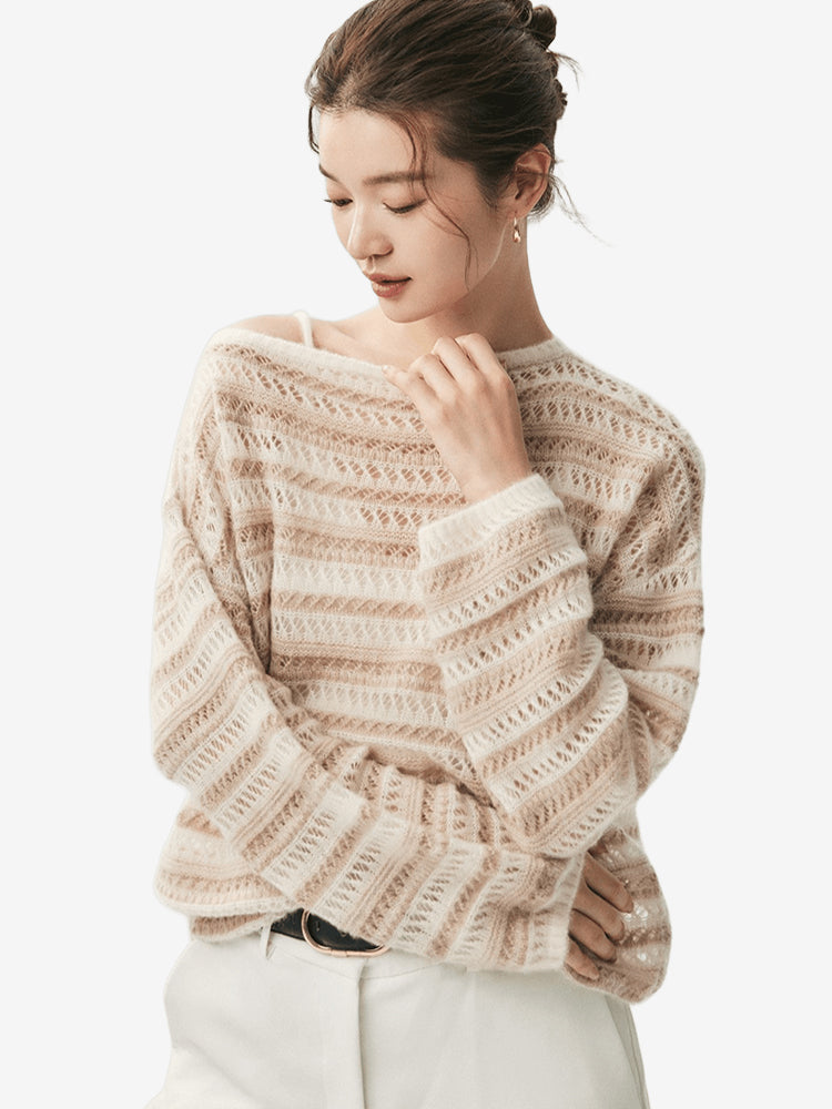 LANLY - Pointelle Knit Cashmere Sweater Mongolian Openwork Striped Boat Neck Pullover