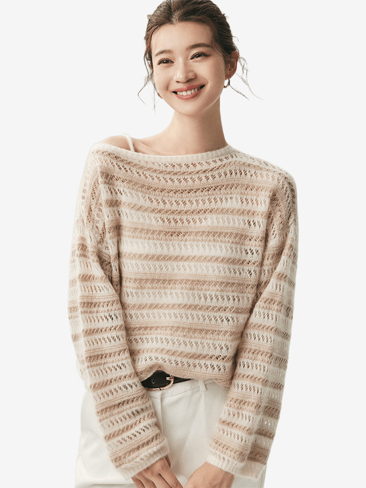 LANLY - Pointelle Knit Cashmere Sweater Mongolian Openwork Striped Boat Neck Pullover