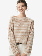 LANLY - Pointelle Knit Cashmere Sweater Mongolian Openwork Striped Boat Neck Pullover