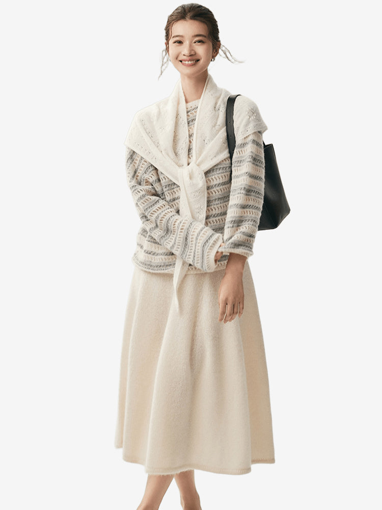 LANLY - Pointelle Knit Cashmere Sweater Mongolian Openwork Striped Boat Neck Pullover