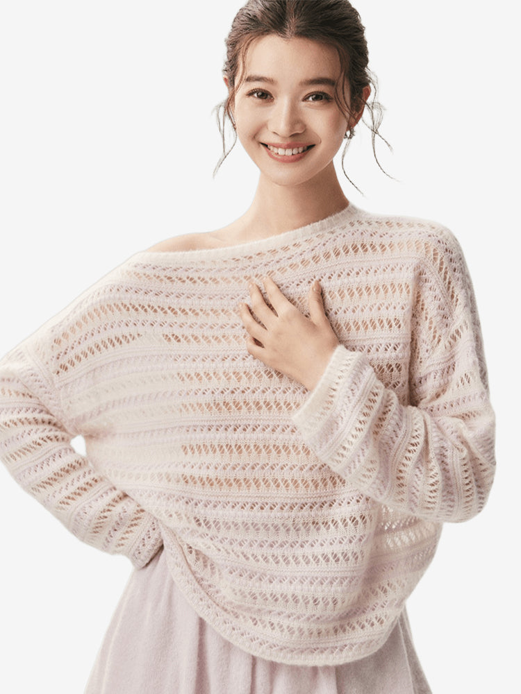 LANLY - Pointelle Knit Cashmere Sweater Mongolian Openwork Striped Boat Neck Pullover