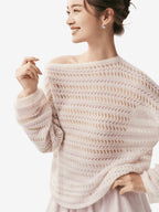 LANLY - Pointelle Knit Cashmere Sweater Mongolian Openwork Striped Boat Neck Pullover