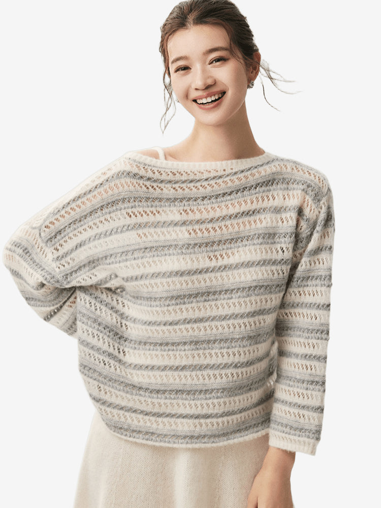 LANLY - Pointelle Knit Cashmere Sweater Mongolian Openwork Striped Boat Neck Pullover