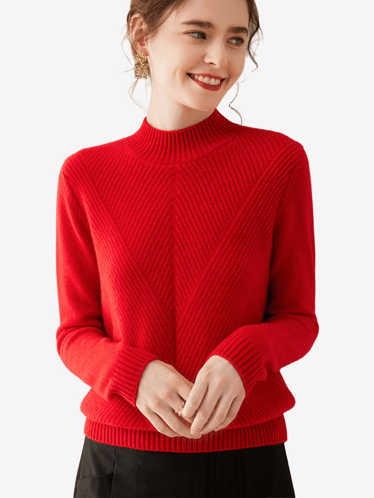 LanlyCashmere Women's Wool Cashmere Blend Mock Neck Sweater – Diagonal Rib Knit Pullover
