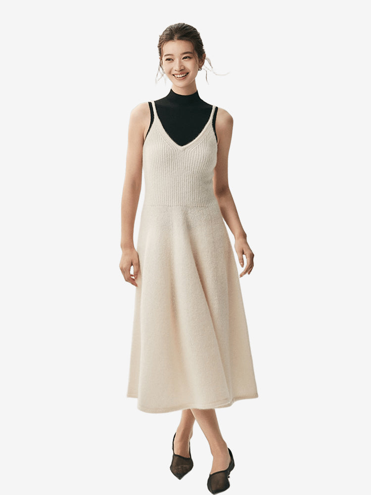 LANLY Ribbed Waist A-Line Cashmere Dress Soft Ultra-Light Pure Spaghetti Strap V-Neck Sleeveless Maxi Slip Sweater Dress