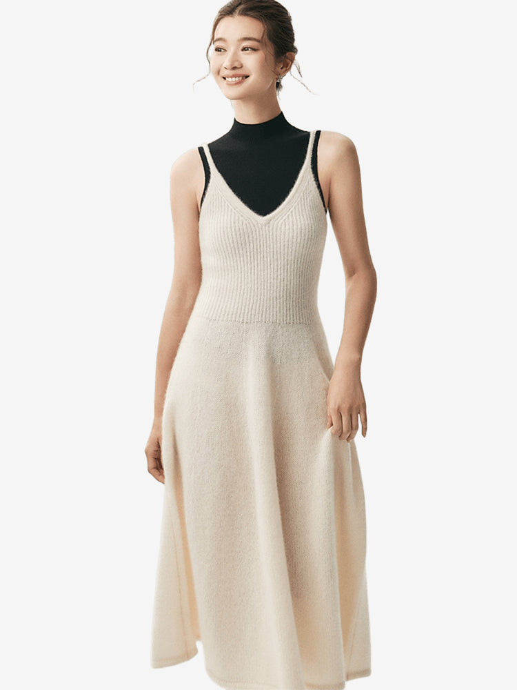 LANLY Ribbed Waist A-Line Cashmere Dress Soft Ultra-Light Pure Spaghetti Strap V-Neck Sleeveless Maxi Slip Sweater Dress