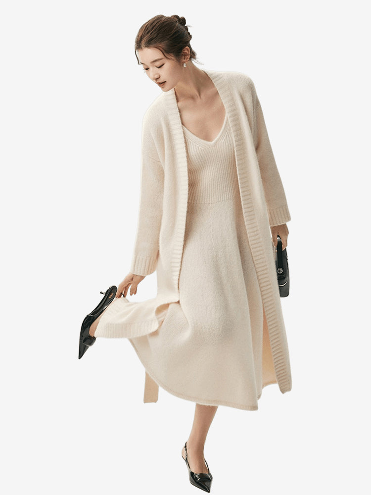 LANLY Ribbed Waist A-Line Cashmere Dress Soft Ultra-Light Pure Spaghetti Strap V-Neck Sleeveless Maxi Slip Sweater Dress