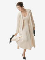 LANLY Ribbed Waist A-Line Cashmere Dress Soft Ultra-Light Pure Spaghetti Strap V-Neck Sleeveless Maxi Slip Sweater Dress