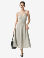 LANLY Ribbed Waist A-Line Cashmere Dress Soft Ultra-Light Pure Spaghetti Strap V-Neck Sleeveless Maxi Slip Sweater Dress