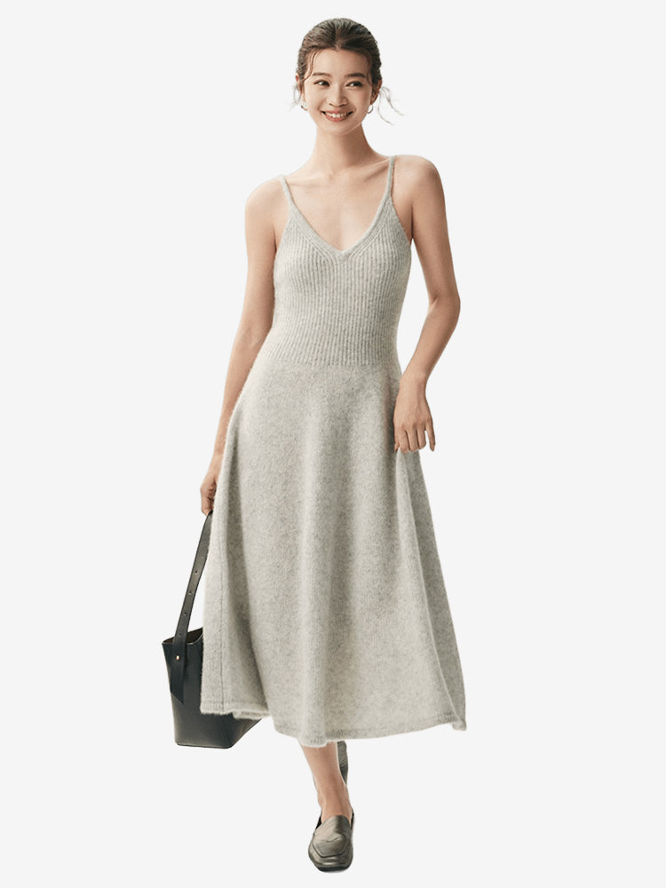 LANLY Ribbed Waist A-Line Cashmere Dress Soft Ultra-Light Pure Spaghetti Strap V-Neck Sleeveless Maxi Slip Sweater Dress