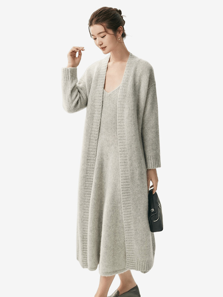 LANLY Ribbed Waist A-Line Cashmere Dress Soft Ultra-Light Pure Spaghetti Strap V-Neck Sleeveless Maxi Slip Sweater Dress