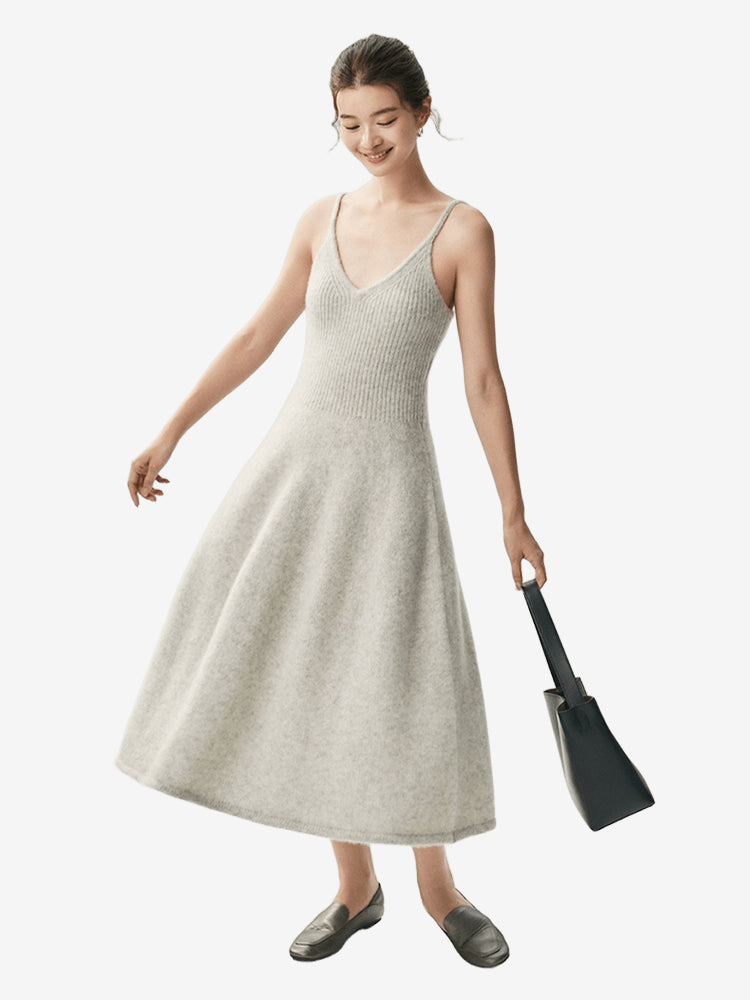 LANLY Ribbed Waist A-Line Cashmere Dress Soft Ultra-Light Pure Spaghetti Strap V-Neck Sleeveless Maxi Slip Sweater Dress