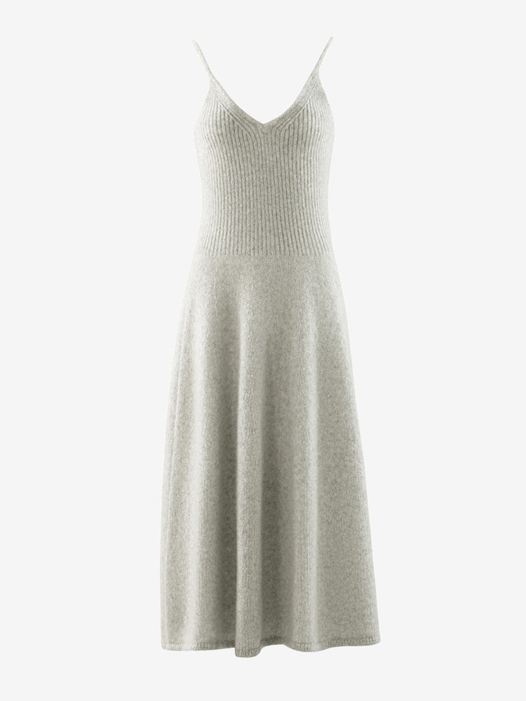 LANLY Ribbed Waist A-Line Cashmere Dress Soft Ultra-Light Pure Spaghetti Strap V-Neck Sleeveless Maxi Slip Sweater Dress