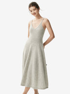 LANLY Ribbed Waist A-Line Cashmere Dress Soft Ultra-Light Pure Spaghetti Strap V-Neck Sleeveless Maxi Slip Sweater Dress