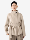 LANLY Short Cashmere Wool Coat Women - Alashan Cashmere & Fine Merino Wool Blend Lightweight Warm High Neck Belted Wrap Jacket
